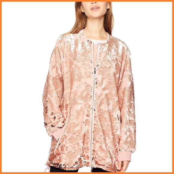 French Connection Pink Sequin Embellished Bomber Jacket - Picture 1 of 15